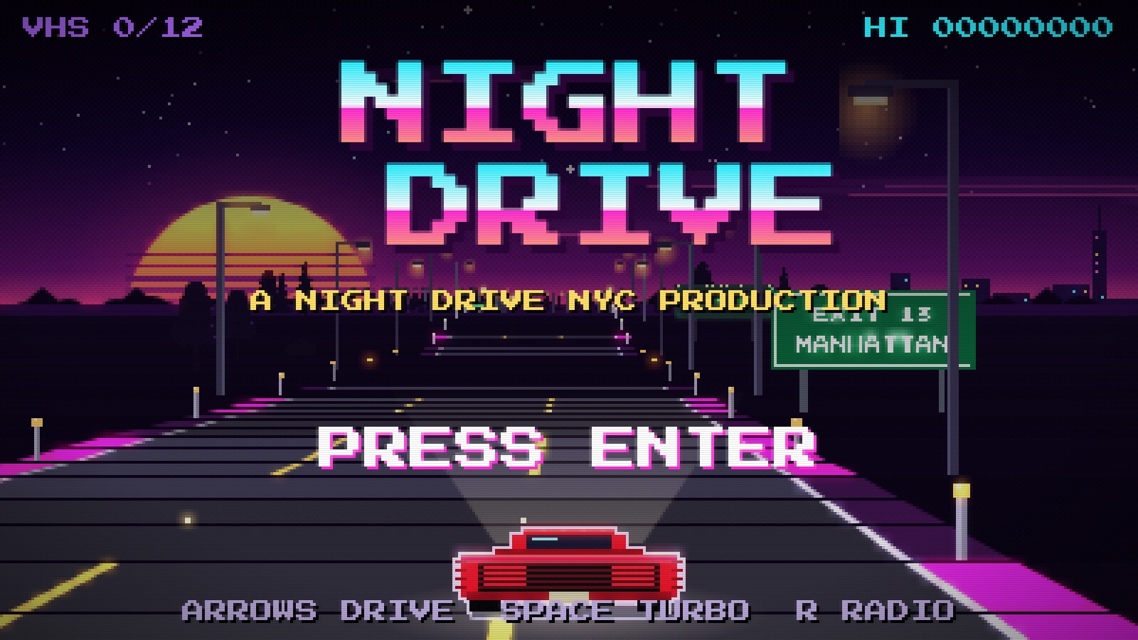 Night Drive title screen: a red sports car on a neon expressway toward the Manhattan skyline